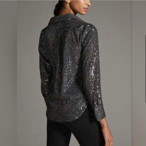 Anthropologie Sequin Button-down Shirt Slate Gray Top Medium Petite - Picture 5 of 15